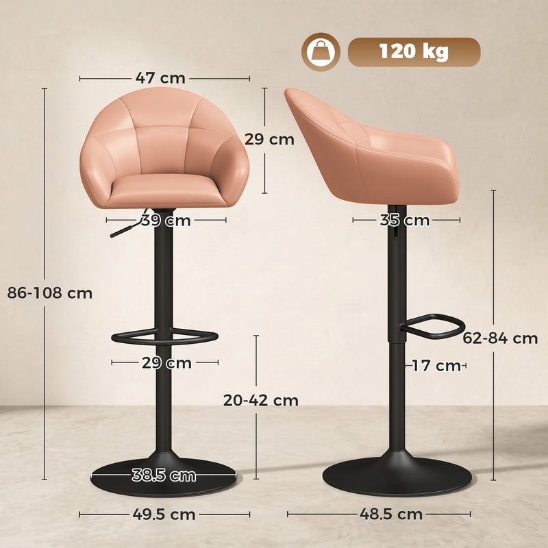 Dimension diagram showing height, seat and base measurements of the blush pink bar stool