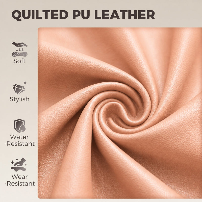 Close-up of the quilted blush pink faux leather upholstery