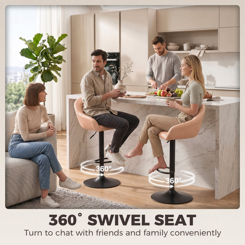 Family sitting on blush pink bar stools demonstrating the 360 degree swivel seat