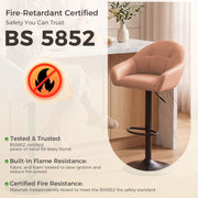 Fire-retardant certification graphic for the blush pink bar stool, BS 5852 tested