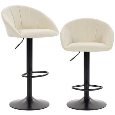 Pair of Homcom cream white velvet-feel bar stools with quilted backs and black swivel bases
