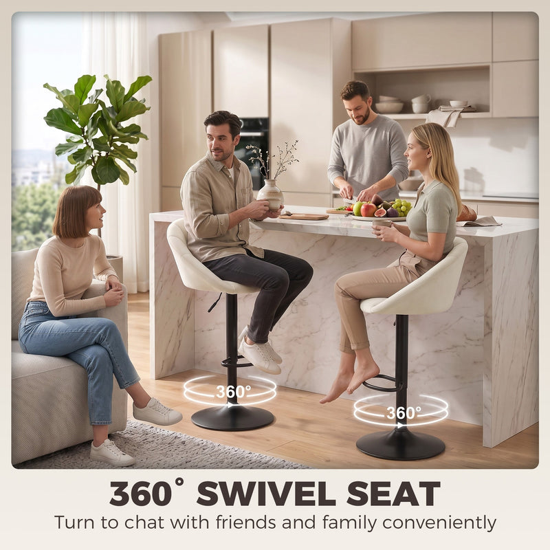 Family gathered at a kitchen island on cream bar stools marked with 360 degree swivel arrows