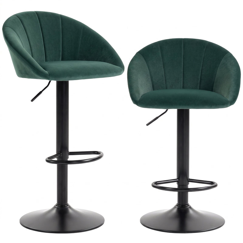 Pair of Homcom dark green velvet-feel bar stools with quilted backs and black swivel bases