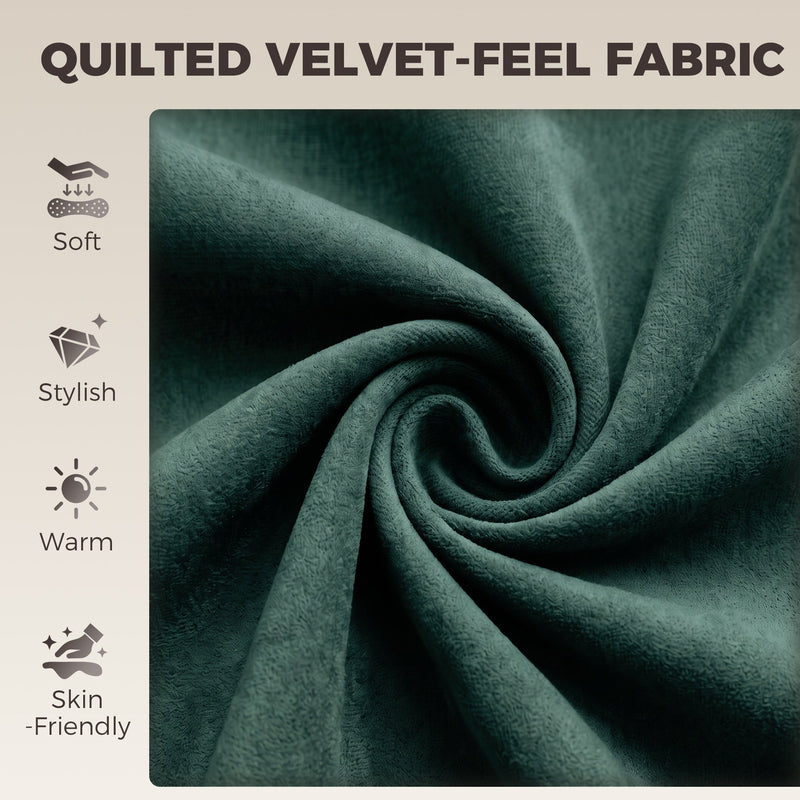 Close-up of the quilted dark green velvet-feel fabric used on the bar stool seat and back