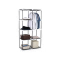 Grey canvas wardrobe frame open showing hanging rail and shelves with clothes and storage boxes