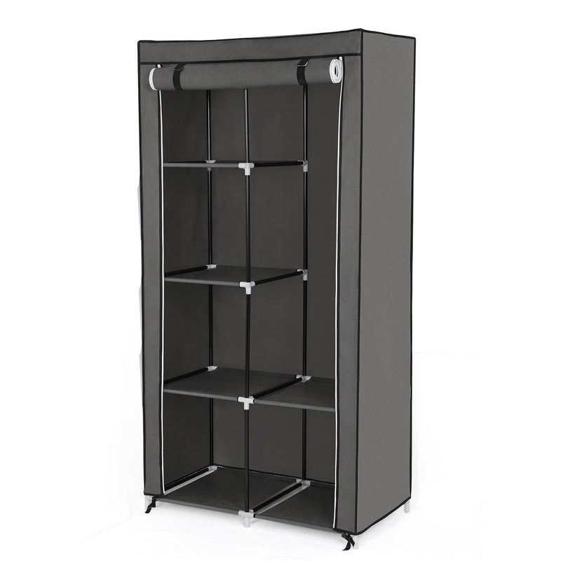 Interior view of the grey canvas wardrobe showing the hanging rail, shelves and folded clothes