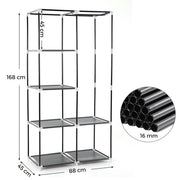 Dimensions diagram showing the wardrobe at 168cm high, 88cm wide, 45cm deep with 16mm frame tubes