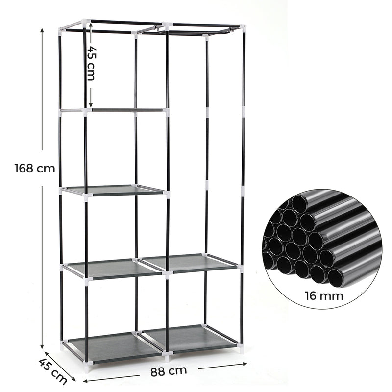Dimensions diagram showing the wardrobe at 168cm high, 88cm wide, 45cm deep with 16mm frame tubes