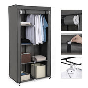 Close-up views of the zippered roll-up cover, hook and loop strip and hanging rail with shirts