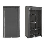 Front and side view of the wardrobe showing the zippered cover closed and open with shelves inside