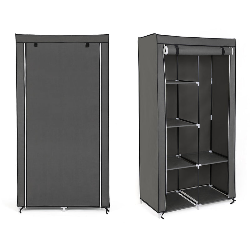 Front and side view of the wardrobe showing the zippered cover closed and open with shelves inside
