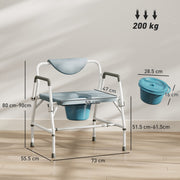 Dimensions diagram of commode chair showing 73 cm width, 55.5 cm depth, 80-90 cm height and 200 kg capacity