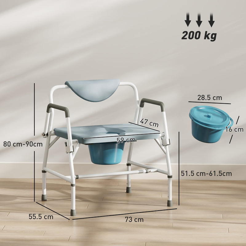 Dimensions diagram of commode chair showing 73 cm width, 55.5 cm depth, 80-90 cm height and 200 kg capacity