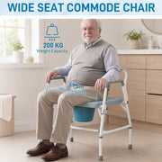 Man seated on the wide commode chair with 59 cm seat and 200 kg weight capacity callouts