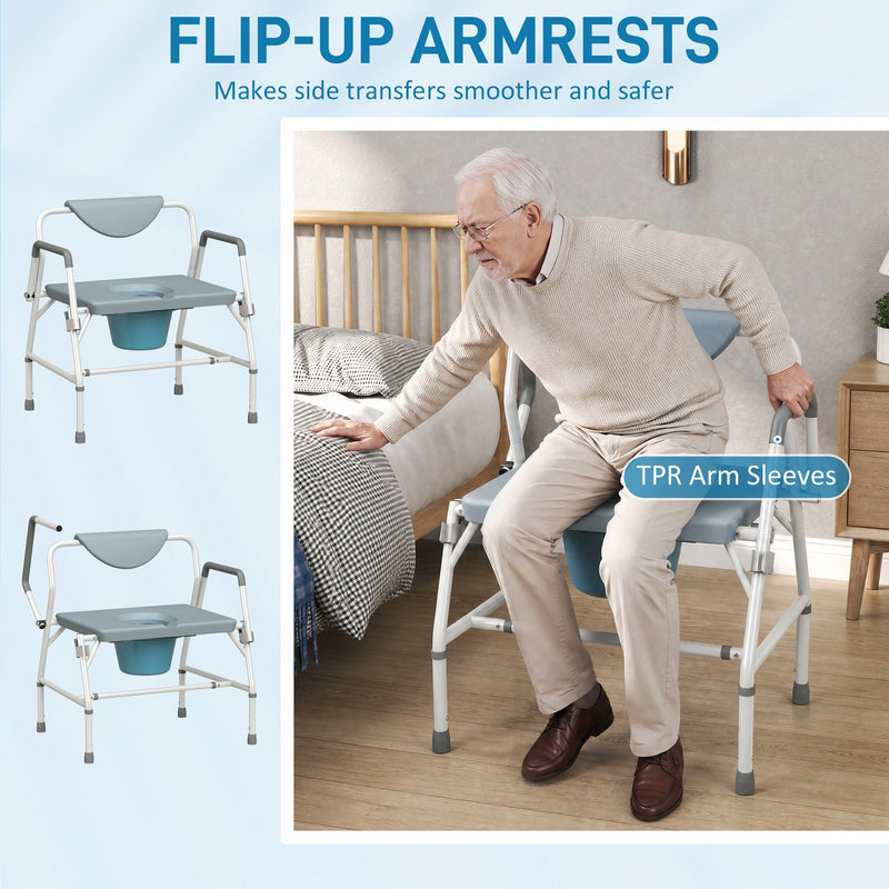 Flip-up armrest panel showing a side transfer from the commode chair