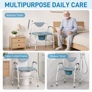 Multipurpose panel showing bedside toilet, toilet safety frame and shower stool uses