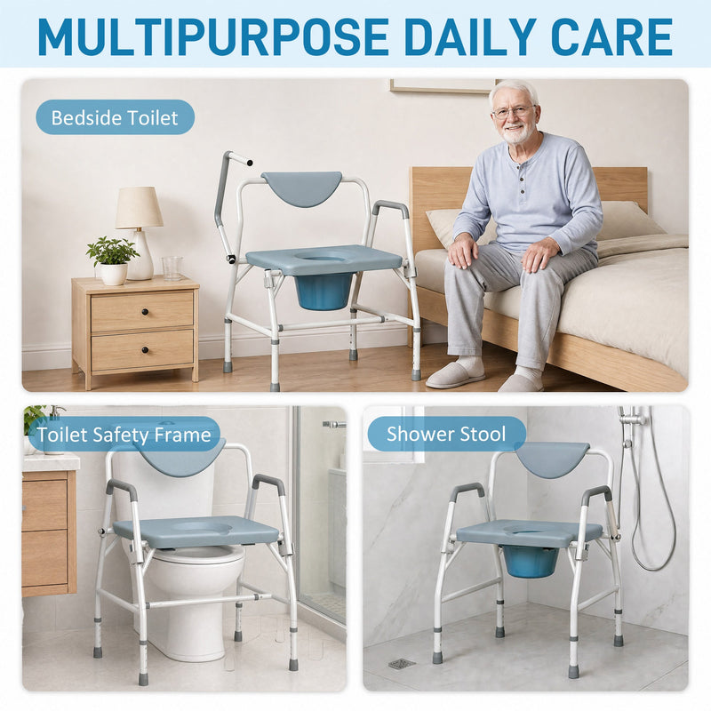 Multipurpose panel showing bedside toilet, toilet safety frame and shower stool uses