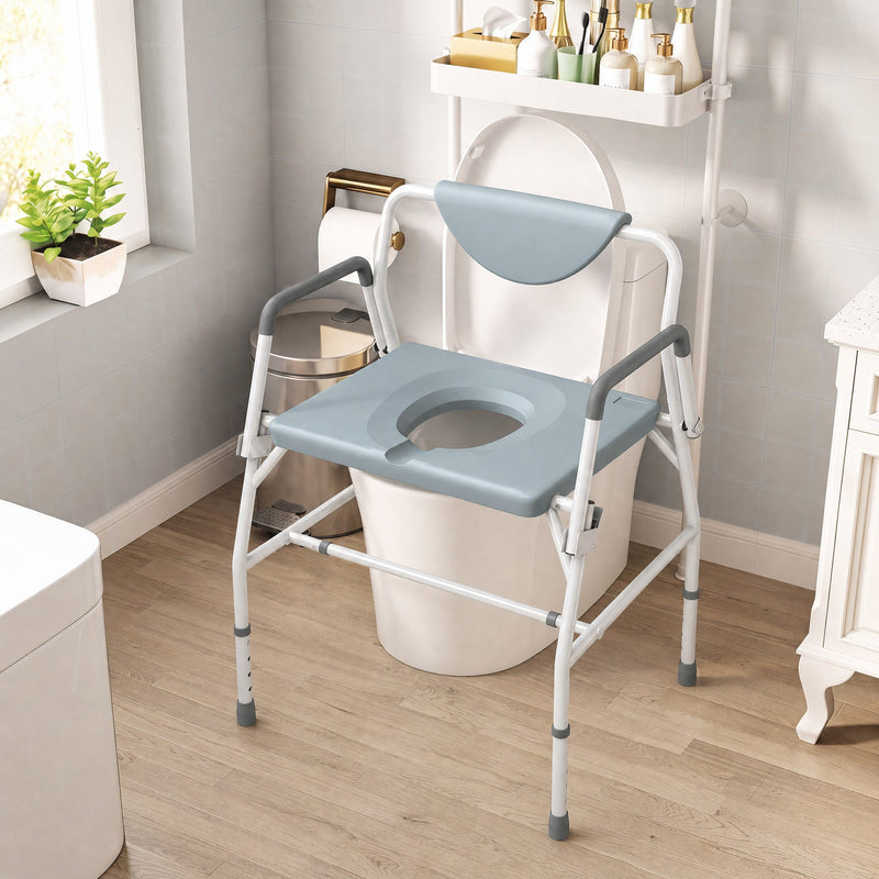 Commode chair placed over a toilet as a safety frame in a bathroom