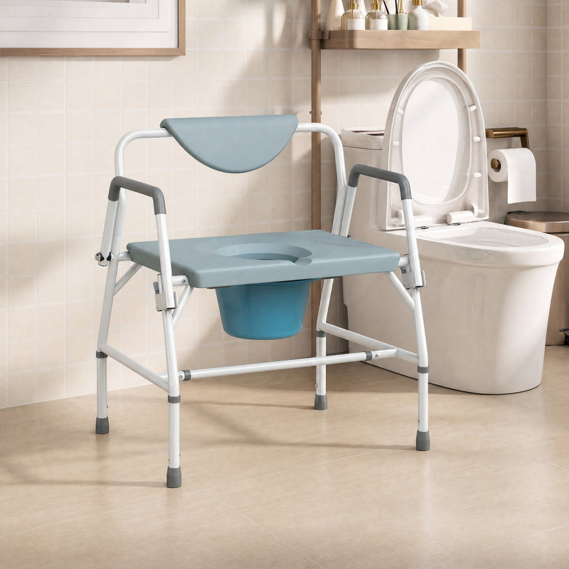 Commode chair with bucket beside a toilet in a tiled bathroom