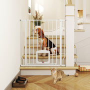 Dog gate with cat door installed on staircase with dog and cat