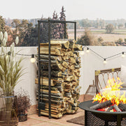 Firewood log holder fully loaded with logs beside a lit fire pit on a patio