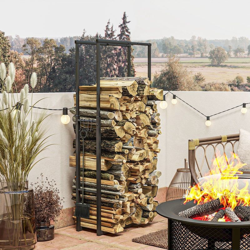 Firewood log holder fully loaded with logs beside a lit fire pit on a patio