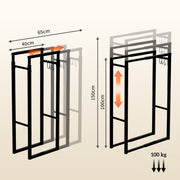 Dimension diagram of the adjustable log holder: 40-65 cm wide and 100-150 cm tall, 100 kg capacity