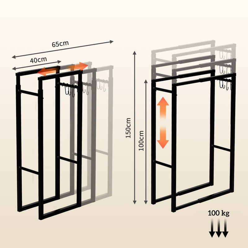Dimension diagram of the adjustable log holder: 40-65 cm wide and 100-150 cm tall, 100 kg capacity