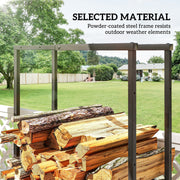 Close-up of the powder-coated steel frame stacked with firewood in a garden