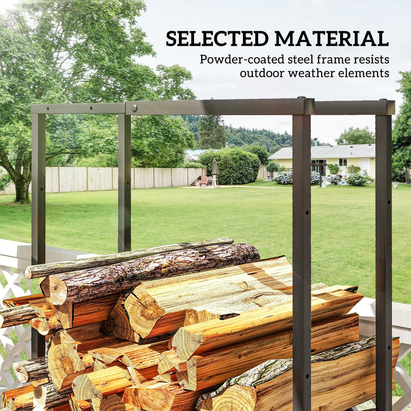 Close-up of the powder-coated steel frame stacked with firewood in a garden