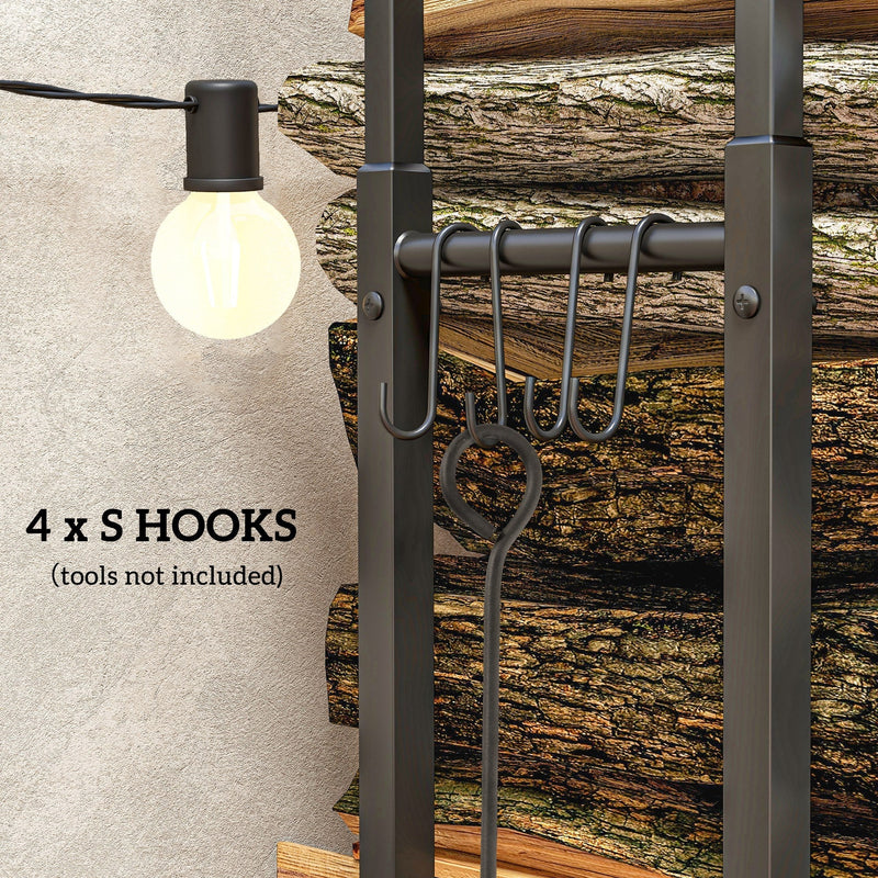 Close-up of the four S-hooks on the frame with string lights in the background