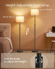 Two floor lamps shown at minimum 140 cm and maximum 170 cm height with the adjustment knob