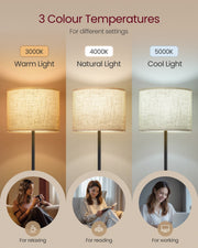 Floor lamp shown in warm, natural and cool light settings for relaxing, reading and working