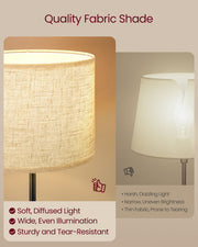 Close-up of the fabric lampshade lit from within, showing soft, even light