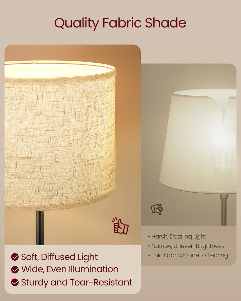 Close-up of the fabric lampshade lit from within, showing soft, even light