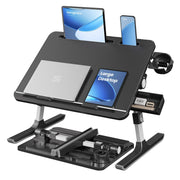 Black foldable laptop bed desk with laptop, tablet, phone, cup holder, drawer and folded base