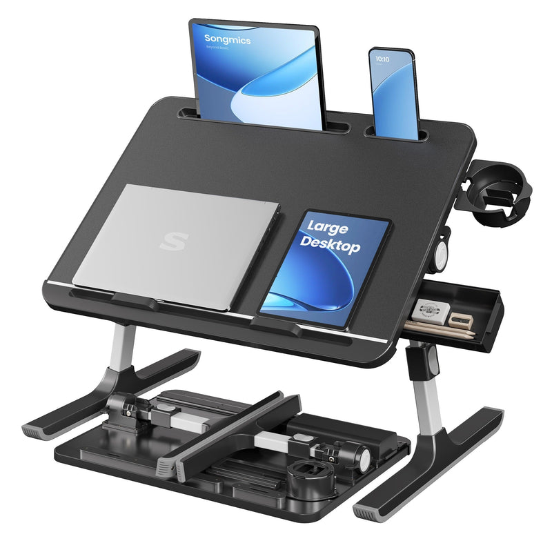 Black foldable laptop bed desk with laptop, tablet, phone, cup holder, drawer and folded base