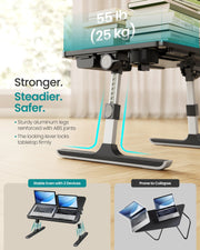 Aluminium leg and ABS joint close-up with 25 kg load and two-laptop stability comparison