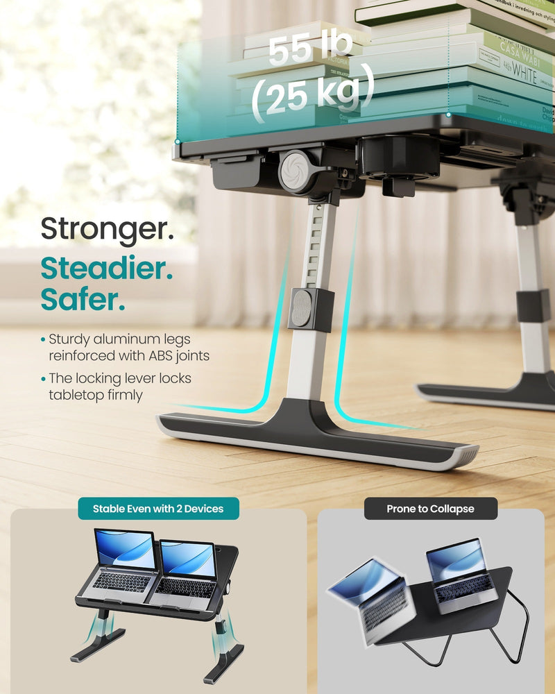 Aluminium leg and ABS joint close-up with 25 kg load and two-laptop stability comparison