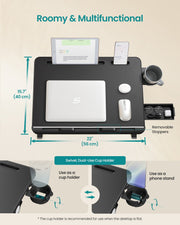 Top view of the 56 x 40 cm desktop with laptop, mouse, drawer and swivel cup holder or phone stand