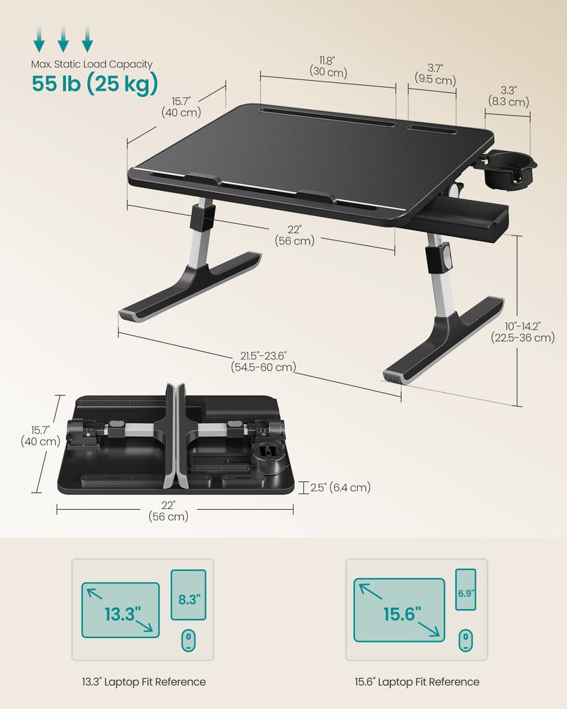 Dimensions diagram of the open and folded laptop desk with 13.3 and 15.6 inch laptop fit