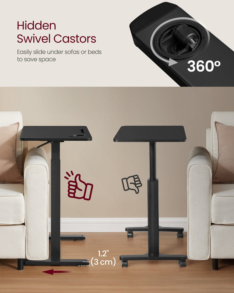 Comparison showing the low base sliding under a sofa versus a bulky base that cannot