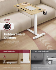 Swivel castor detail with the table base tucked under a sofa