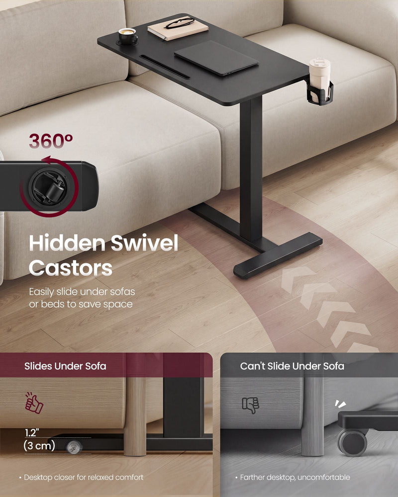 Hidden swivel castor close-up with the 3 cm base sliding under a sofa