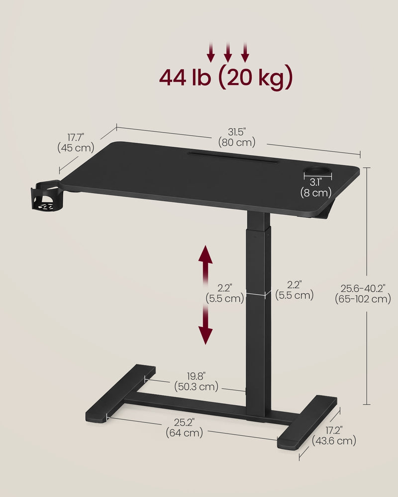 Dimensions drawing with 80 x 45 cm top, 64 cm base and 20 kg load