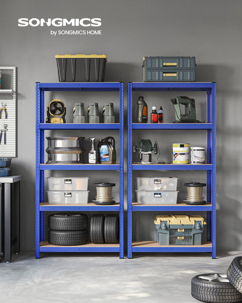 Blue steel garage shelving unit fully loaded with tools, tyres and storage boxes