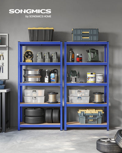 Blue steel garage shelving unit fully loaded with tools, tyres and storage boxes