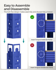 Diagram showing boltless tongue-and-frame assembly method for the shelving unit