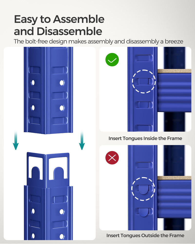 Diagram showing boltless tongue-and-frame assembly method for the shelving unit