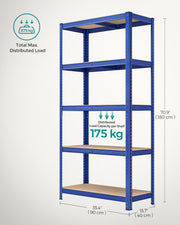 Dimensions diagram showing 90 x 40 x 180 cm unit with 175 kg per shelf and 875 kg total capacity